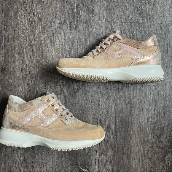 Hogan Shoes - Hogan Beige Pink Glitter Woman’s interactive lace up Sneakers (39 1/2)